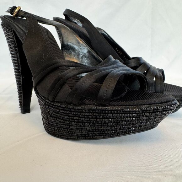 Sergio Rossi Women's Black Beaded Platform Slingback Heels Size 39.5 US 9.5 - Picture 2 of 8